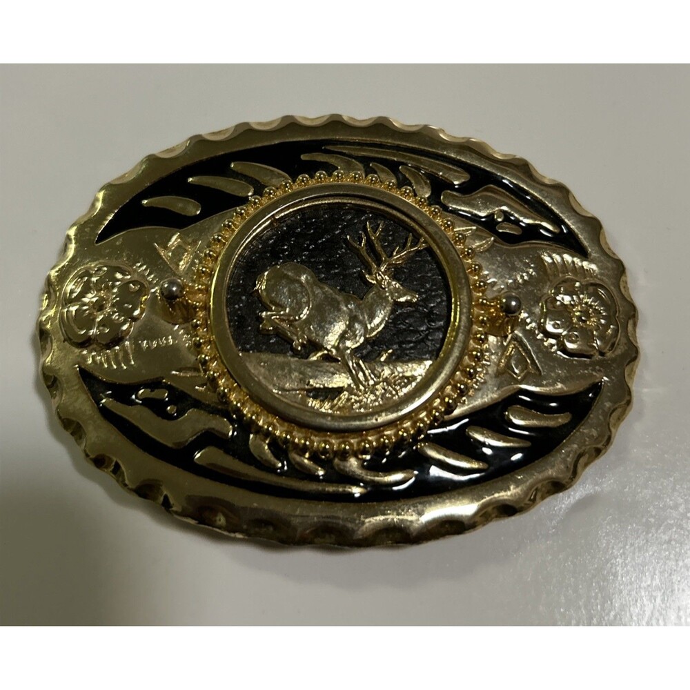 Deer Elk Buck Leaping Over A Fallen Tree Hunting Vintage Gold Belt Buckle